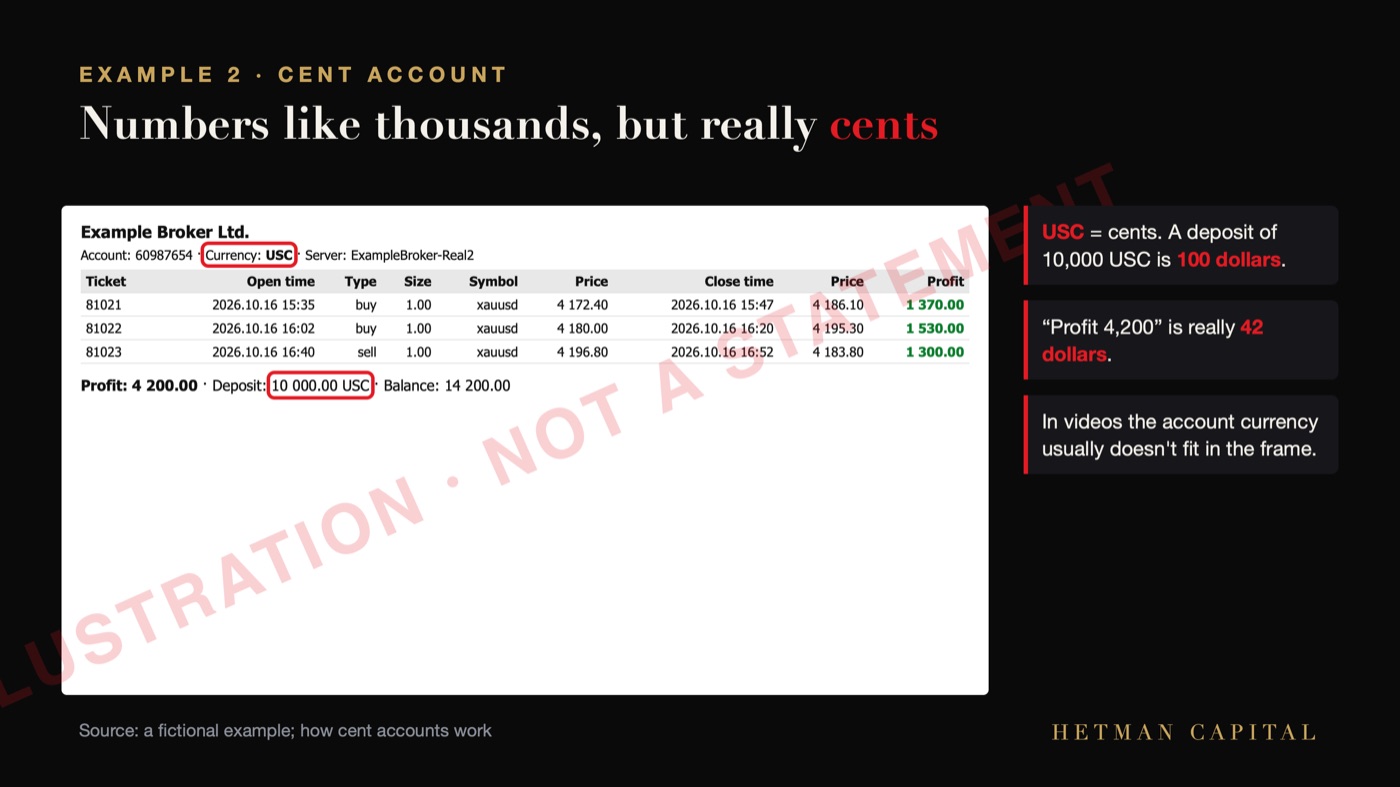 A sample, fictitious cent account statement: currency USC, a deposit of 10,000 USC is $100